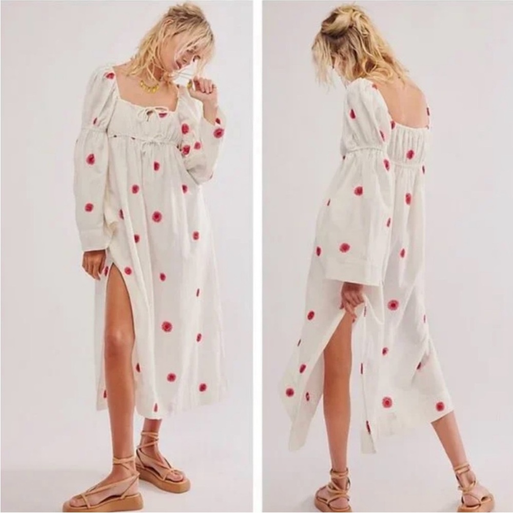 Free People Emory Embroidered Midi Dress Ivory White Red Resort Beach‎ NWT Small